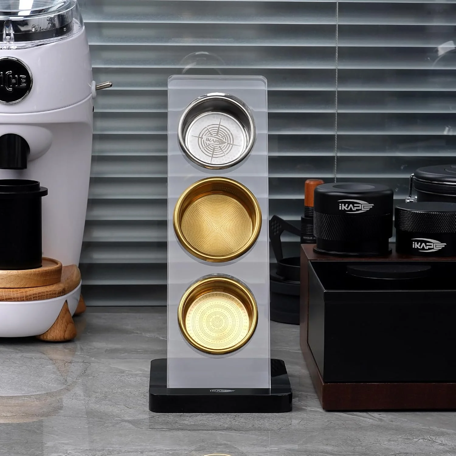 IKAPE espressomand displayrek, mandhouder, 6-delige mandrekset, compatibel met 54 mm/58 mm precisiemanden