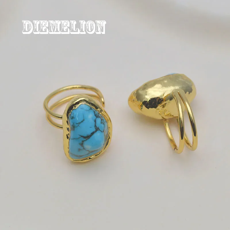 Anillos de turquesas chapados en oro de 18K para hombre y mujer, anillo ajustable de piedra howlita azul Mineral crudo Irregular, joyería de boda para fiesta