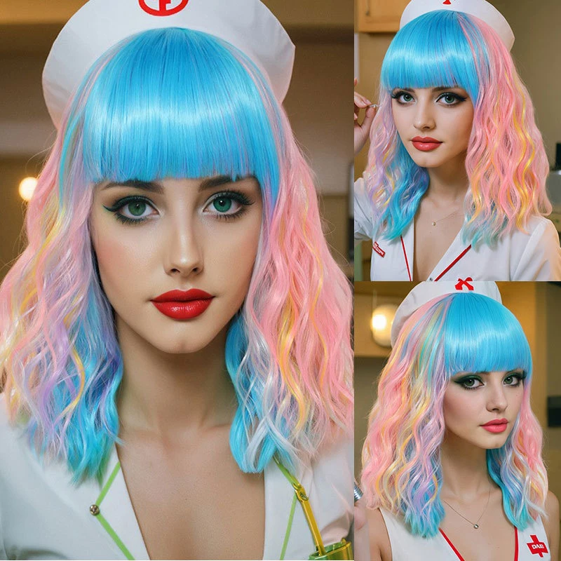 Halloween European and American anime , rainbow headpiece, small wavy water ripple, slightly curled with bangs wig