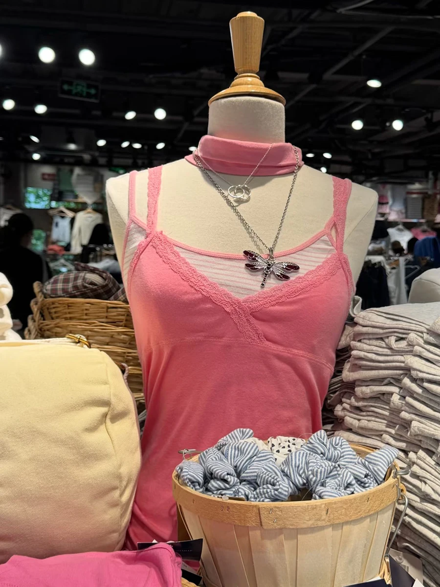 Lace Trim Pink Sweet Slim Tank Tops Sexy Cross V-neck Cotton Camisoles Summer Casual Preppy Style Solid Basic Woman's Vest New