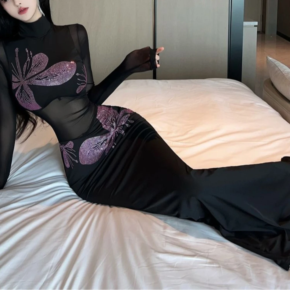 Women's Black Mesh Dress-High Neck Long Sleeve Flower Decor Bodycon Mermaid Maxi with Back Slit Sexy Elegant Dress Spring Autumn