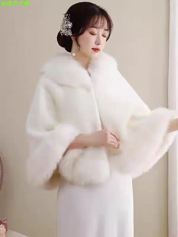 

Утепленная накидка из искусственного меха для свадебного платья, белая шаль для платьев подружек невесты, теплая женская шаль