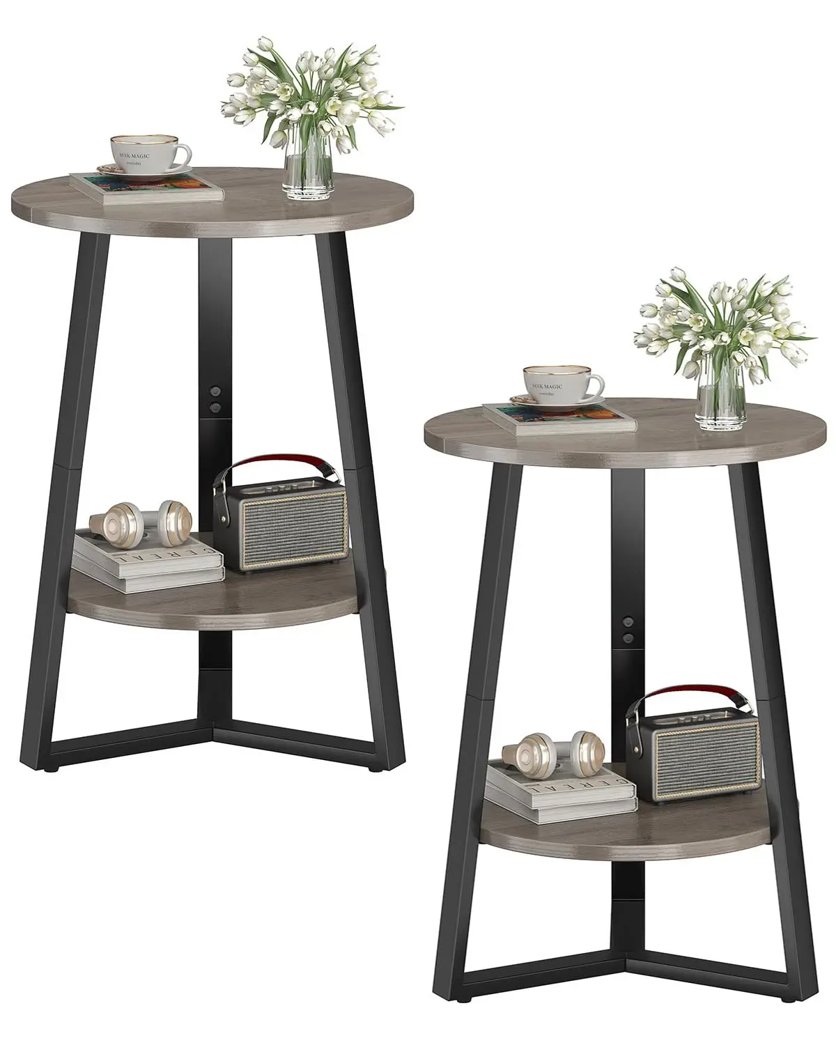 Small Round End Table Set 2 Tier Storage Shelf Wooden Top Metal Frame Accent Nightstand Living Room Bedroom Grey, Customized