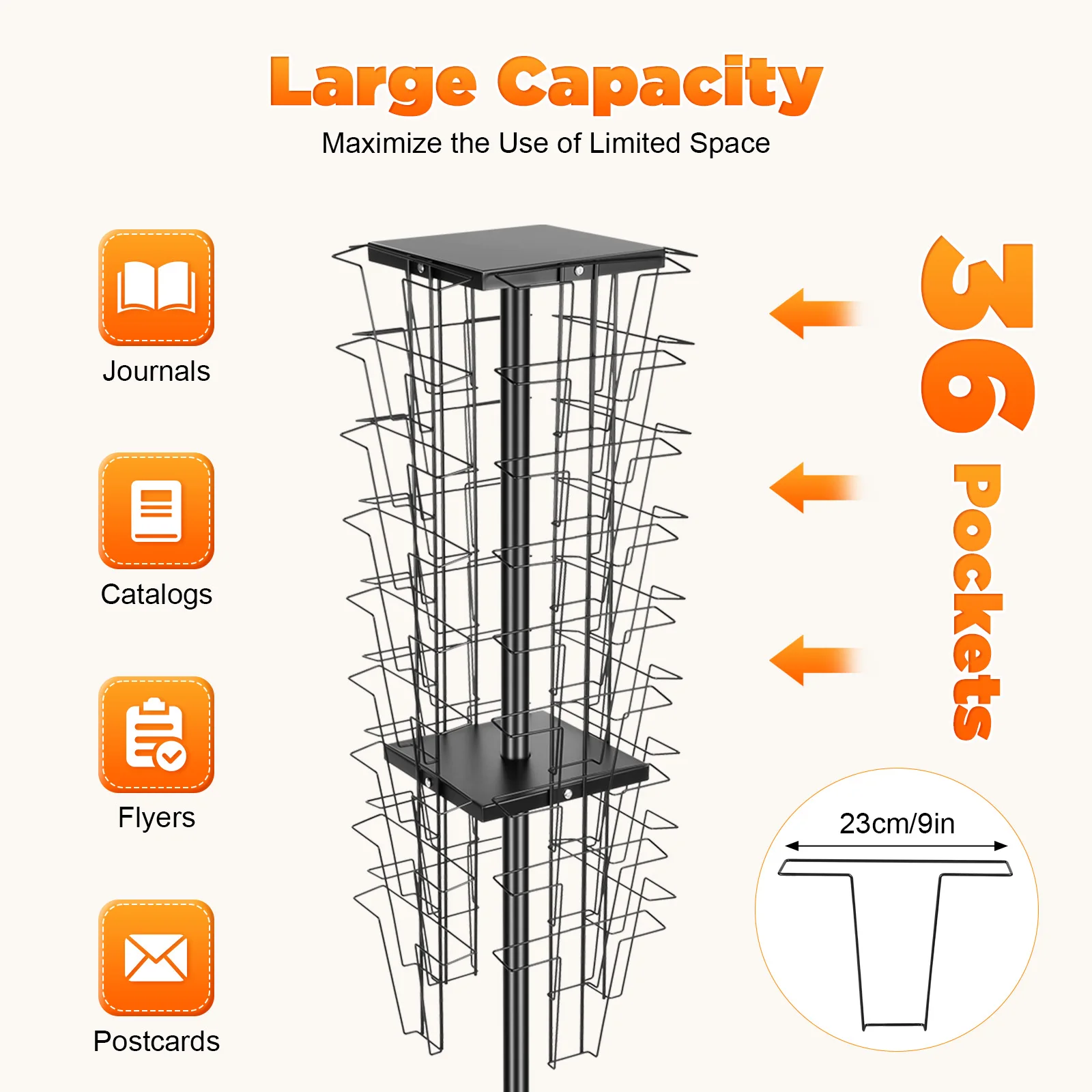 36-Pocket 360° Rotating Magazine Rack Display Stand Flyer Storage Tower Floor-standing Document Organizer
