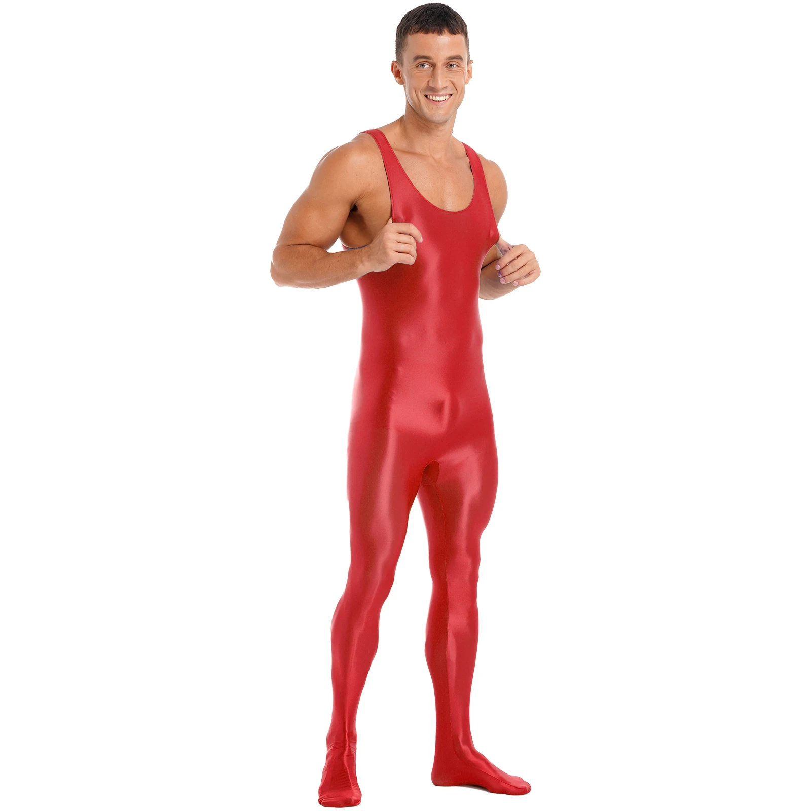 Men Glossy Bodystocking One-piece Nightwear Sleeveless Solid Bodysuit Bottoming Jumpsuit Fitness Workout Sportswear Swimwear