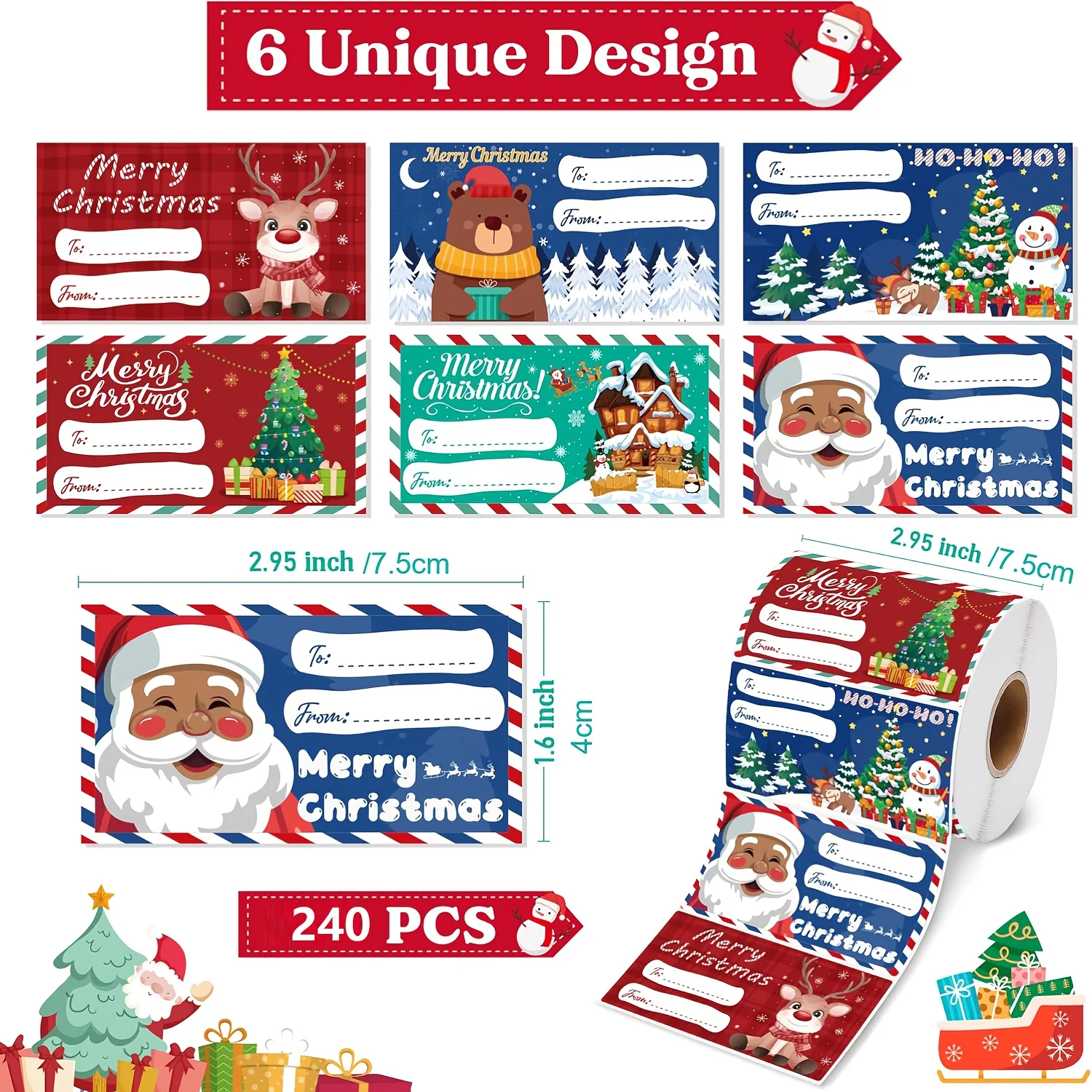 1 rollo/240 Uds. Etiquetas de regalo de Navidad-etiquetas autoadhesivas con árboles de renos de Papá Noel acebo rojo verde dorado blanco azul para regalos