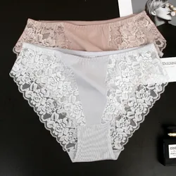 Europe America Sexy Lace Hollow Out Underwear Ladies Cotton Mesh Breathable Skin Friendly Briefs Women Middle Waist Thin Panties