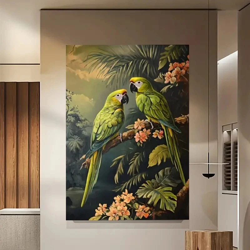Frameless canvas paintings,Parrots AndTropical Greenery Poster Prints Two Green Macaws on Branch Canvas Painting Wall Art Pictur