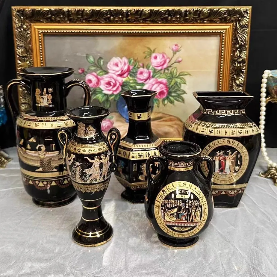 

High end Ancient Egyptian Black Vase with Greek Mythical Mysterious Figures Painted in Gold, Double Eared Vase Decoration Pyrami