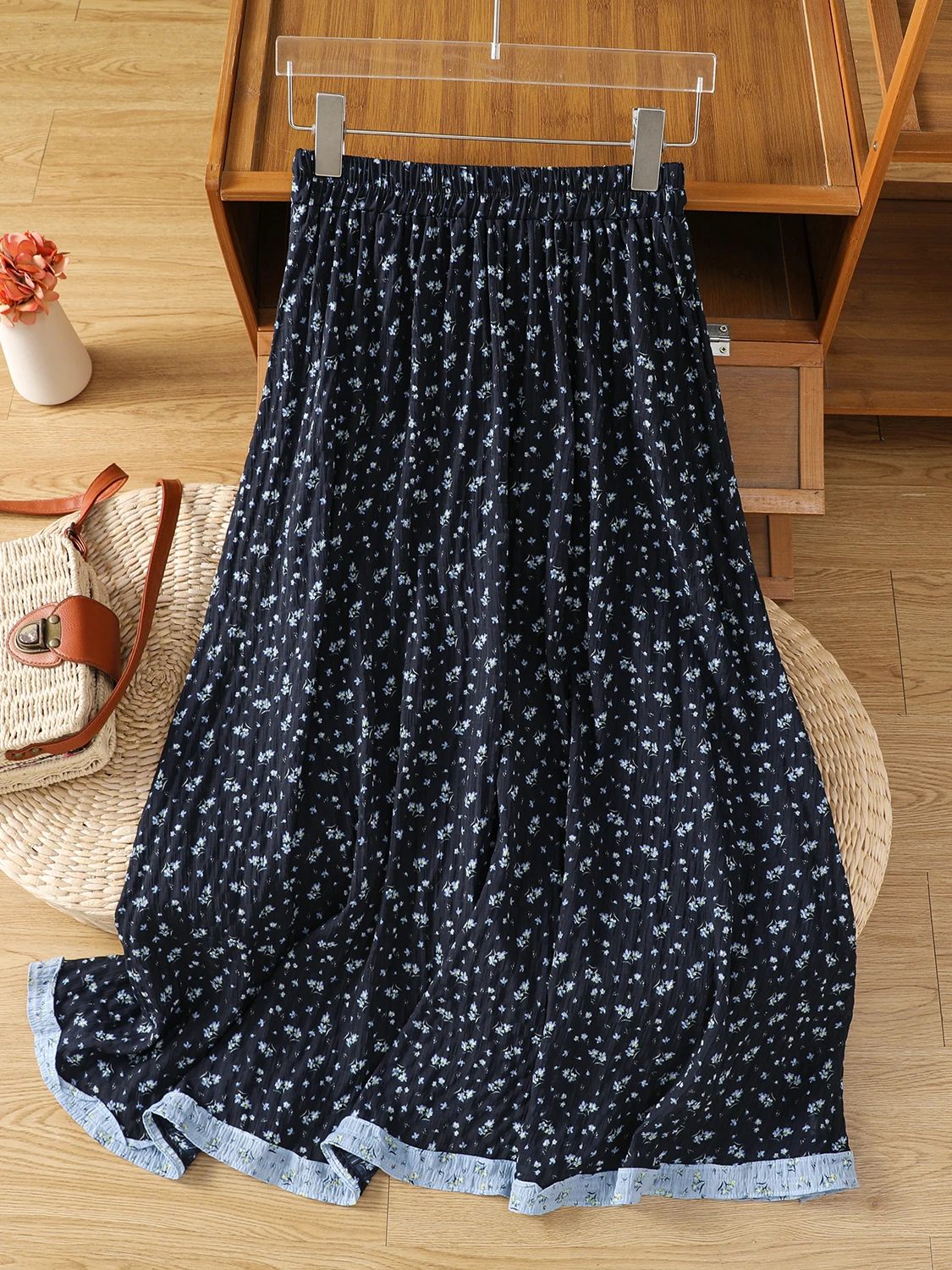 Verão 2025 Novo floral patchwork cor blo cintura alta emagrecimento saia plissada tamanho grande feminino fre sle commute algodão...