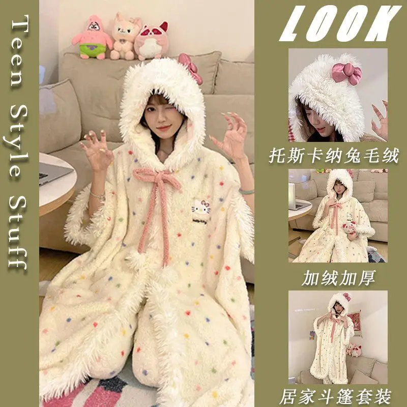 

Kawaii hellokitty пижама ночная рубашка для девочек коралловая бархатная шляпа пижама с капюшоном Sanrio утолщенный бархатный плащ плащ повседневная домашняя одежда