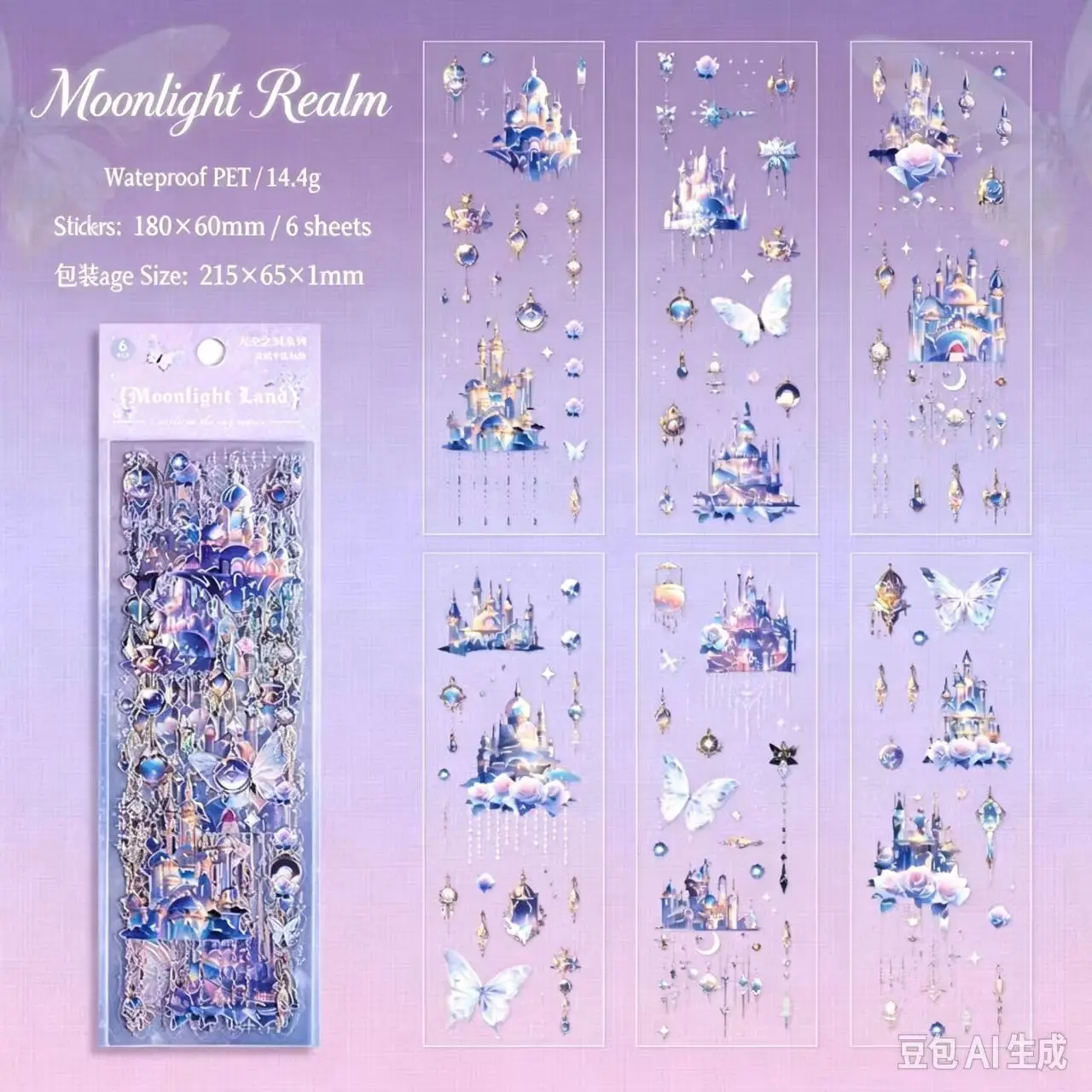 Castle in the Sky Holographic PET Die‑Cut Sticker Pack, Aesthetic Journal Scrapbooking Planner Decals for DIY Craft Projects