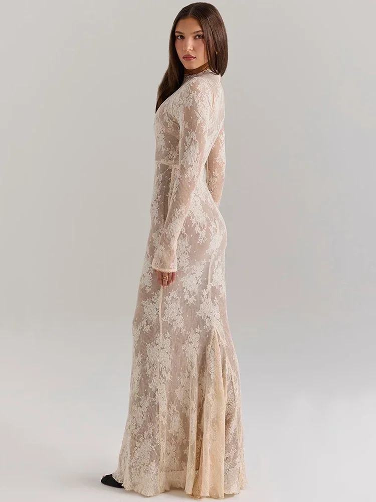 فستان ماكسي مثير بأكمام طويلة مطبوع عليه دانتيل للنساء بسحاب أبيض نصف ياقة عالية فستان طويل أنيق