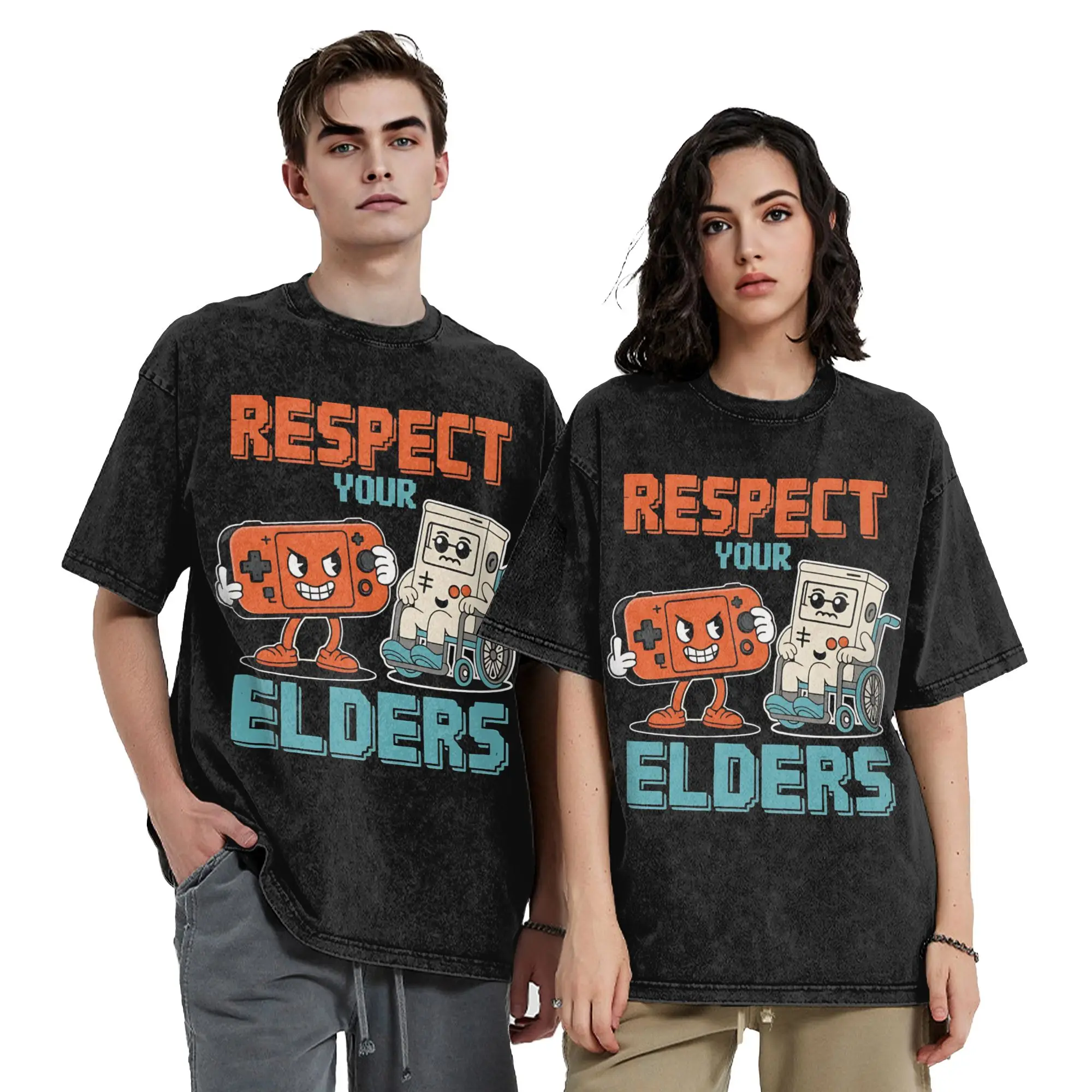 Print Respect Your Elders Retro Gaming Washed T Shirt Men Cotton Short Sleeve Funny Gamer 80s  Crewneck Summer Top Tee