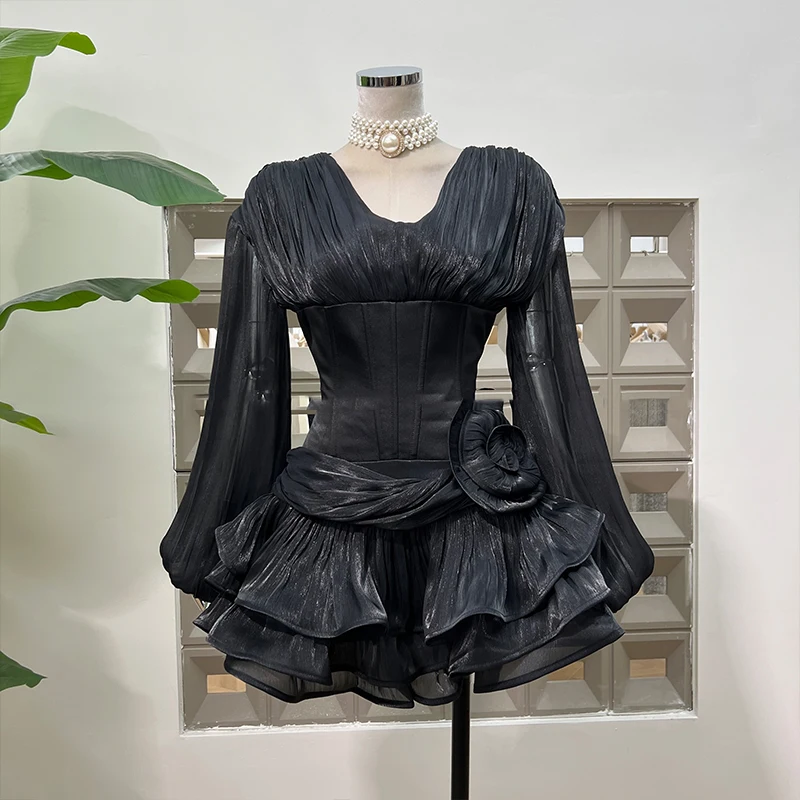 Luz de luxo cetim magro vestido de baile vestidos primavera feminino mangas compridas com decote em v vestido em camadas novo verão cintura alta zíper mini vestido