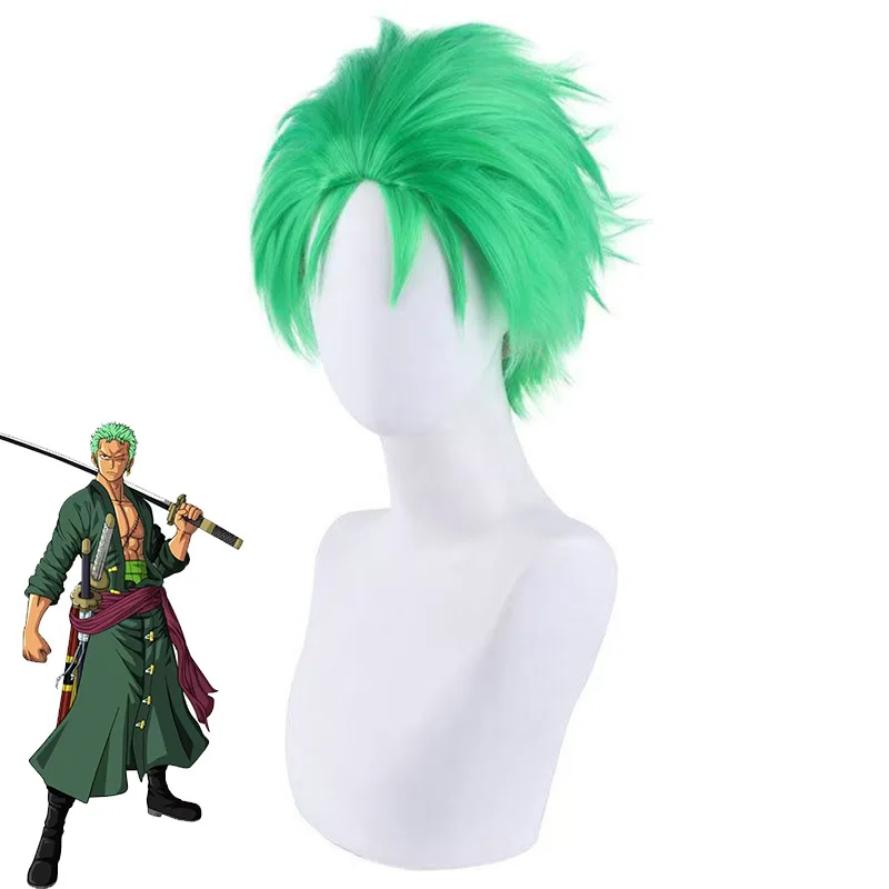 Anime Roronoa Zoro Synthetische Herren-Perücke in Grün, Roronoa Zoro Comic Cosplay Perücke, Hitzebeständige Zoro Rollenspiel-Perücke für Halloween-Partys