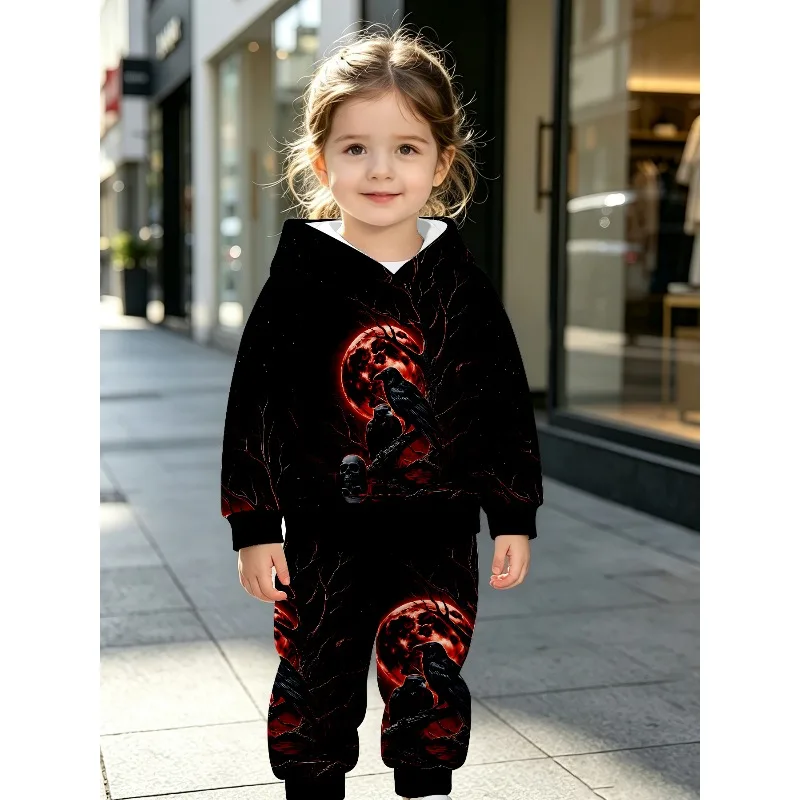 Kids Hoodie Jogger: Blood Moon Crow Graphic, Mixed Wildflower Print, Red Golden Ornate Pattern Tracksuit