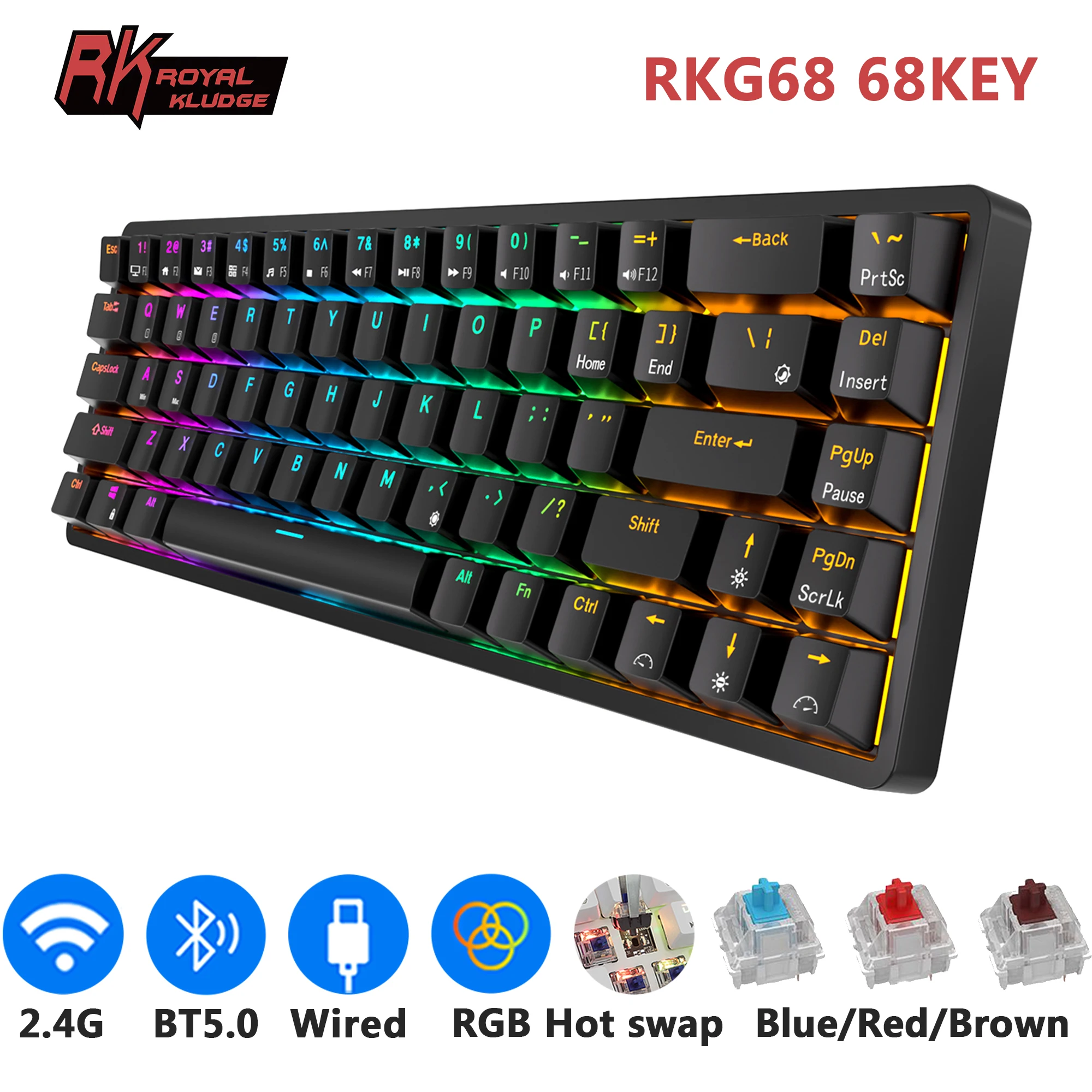 

RKG68 RK837 Wireless Mechanical Keyboard 68 Key 65% RGB Backlight Hot Swappable 2.4Ghz Bluetooth USB Wired Gaming Royal Kludge