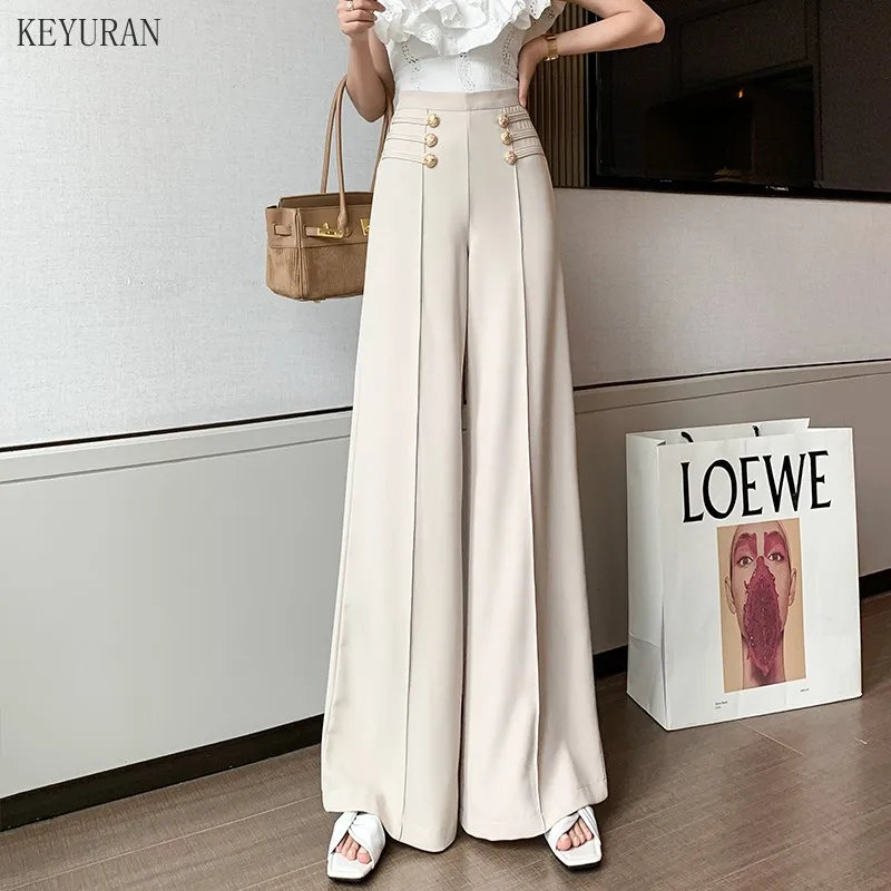 Women Spring Summer New Elegant Button High Waist Wide Leg Pants Female Fashion Casual Full Length Office Lady Trouser Apricot