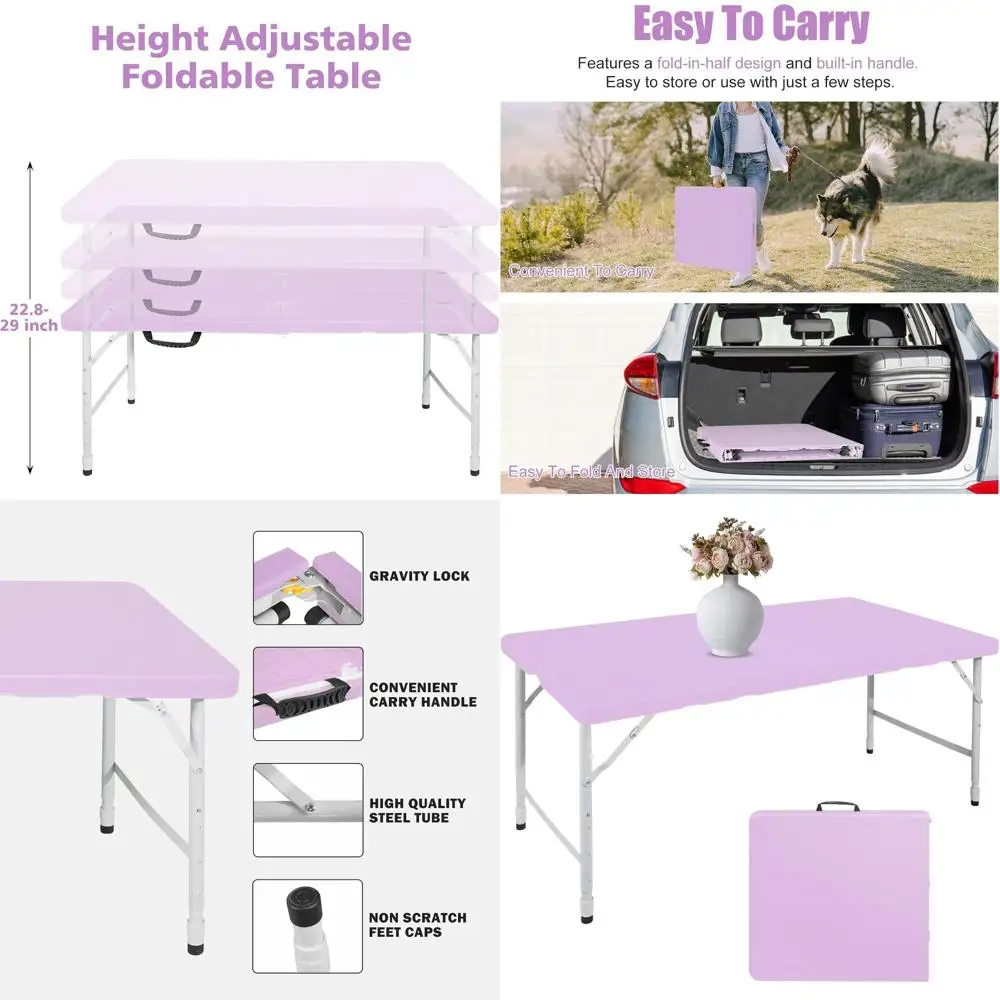 

Purple Portable Half-Fold Plastic Table with Carry Handle, Ideal for Indoor and Outdoor Use