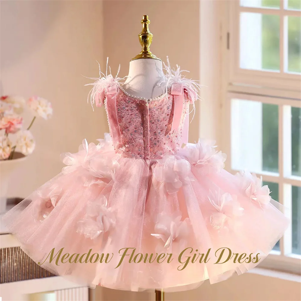 Meadow Pink First Communion Gown Sleeveless Children Birthday Party Dresses with Bow and Feathers Baby Kids Birthday Dresses