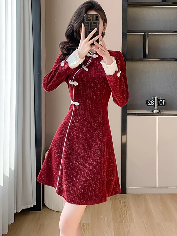 Czerwona sukienka mini z długim rękawem i stójką, dopasowana do ciała, elegancka, luksusowa, idealna na imprezę, jesień-zima, koreański szyk, sukienki na studniówkę, 2025