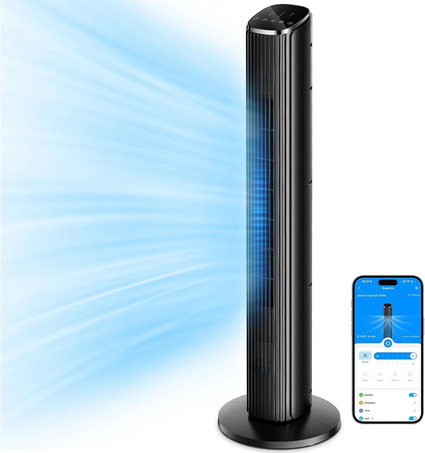 

36 Inch Tower Fan for Bedroom, Smart Oscillating Floor Fans with Temperature Sensor, App & Voice Remote, 5 Modes 8 Speeds up Fan