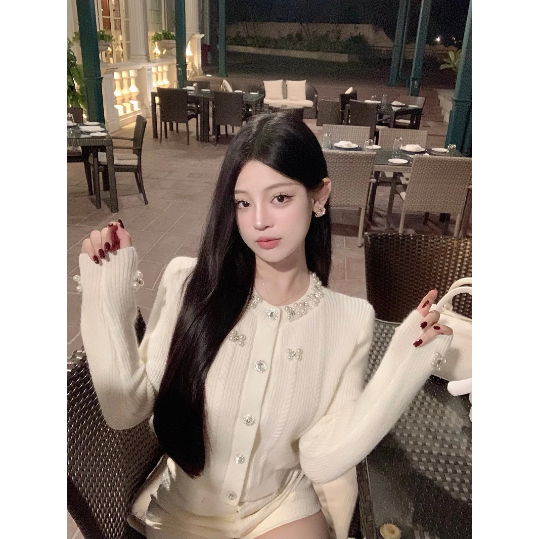 Herfst Winter Parel Verfraaid Ronde Ne Knitwear Vest Dames Slim Fit Pure Desire Ort Top Sweet Sle Trui