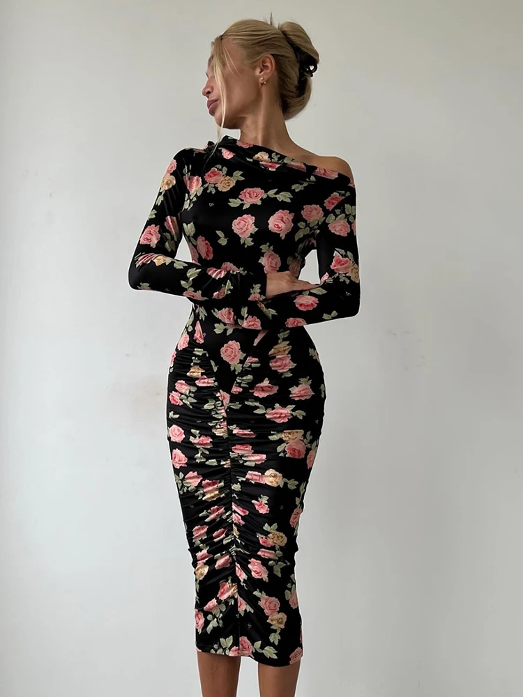 Cutenew Elegant Rose Print Dress Women Sexy Chic Peach Buttocks Slash Neck Full Sleeve Vacation Birthday Stretch Skinny Bodycon