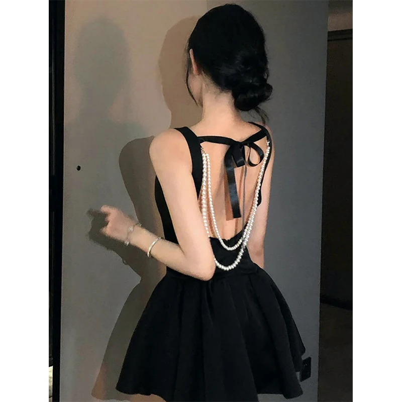 MEXZT Vintage Black Mini Dress Women Party Prom Sexy Backless Pearl Chain Dresses Summer Elegant Korean Bodycon A Line Vestidos