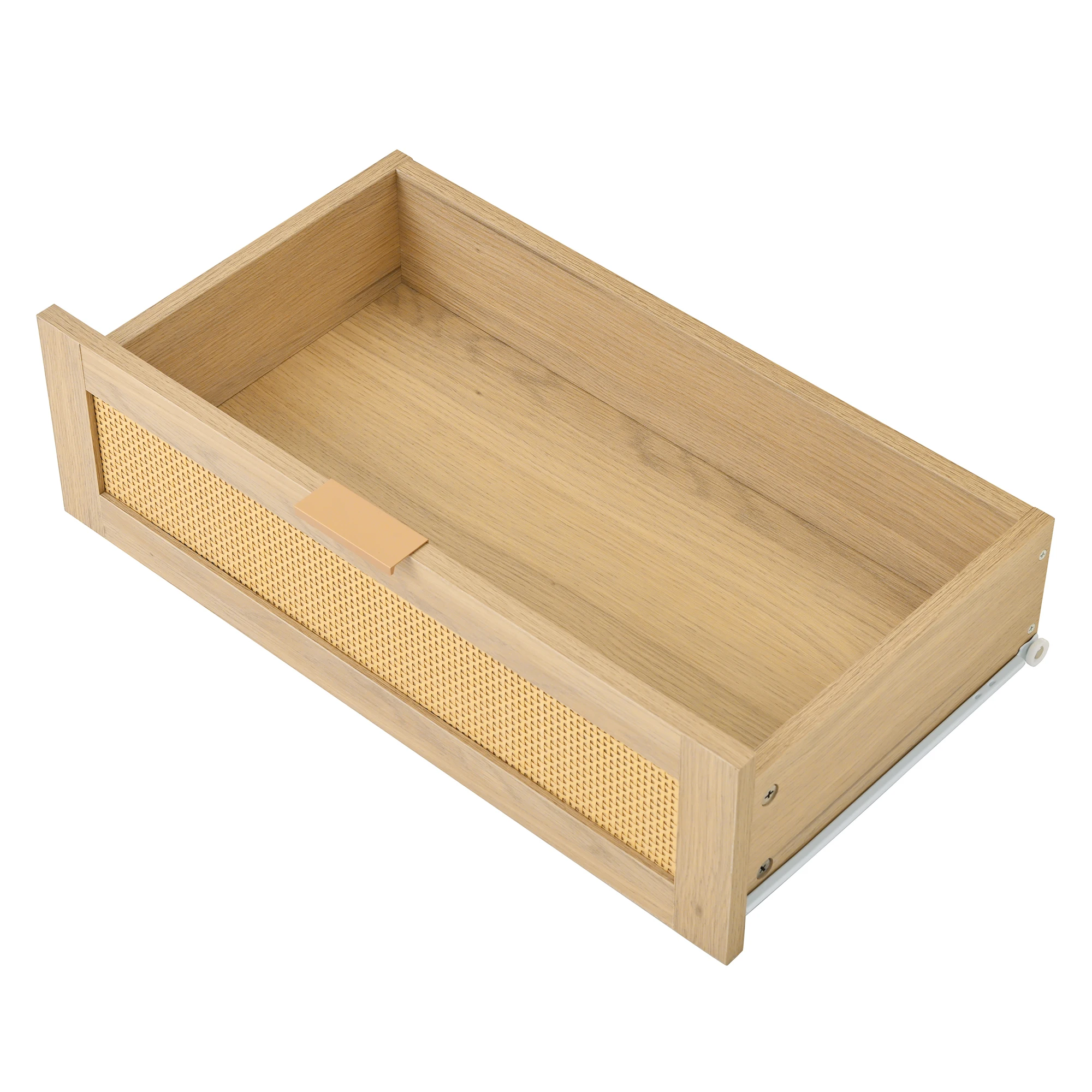 PINGGO Moderner TV-Schrank mit Rattanschublade, offenen Regalen, runder Tischplatte, Metallbeinen, Holzoptik, 175x36x41 cm – Detail 17
