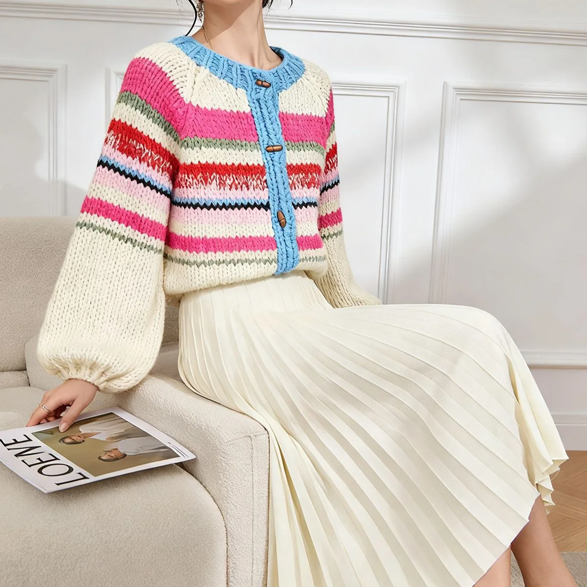 

‌Women's Autumn-winter Hand-knit Chunky Cardigan With Color-blocked Stripes,Thick Woolen Sweater