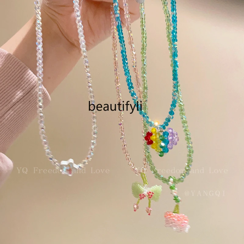 

Colorful Bead Bow Crystal String Beads Necklace Dopamine Temperament Clavicle Necklace