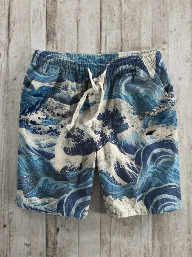 

Men's Elastic Waisted Drawstring Short Pants Fashion Sea Waves Japanese Art Linen Blend Shorts Oversize 2026 Summer Bottoms