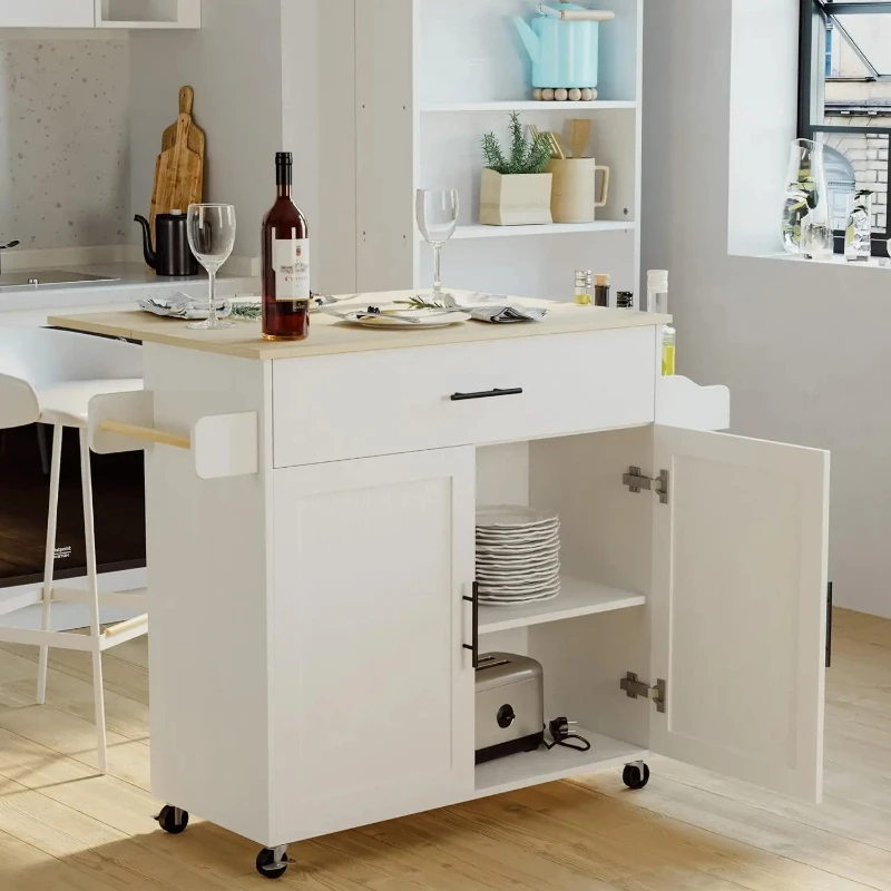 Rolling Kitchen Island Table on Wheels with Drop Leaf, Storage Cabinet, Drawer,Spice Rack,Towel Rack, Kitchen Cart, White