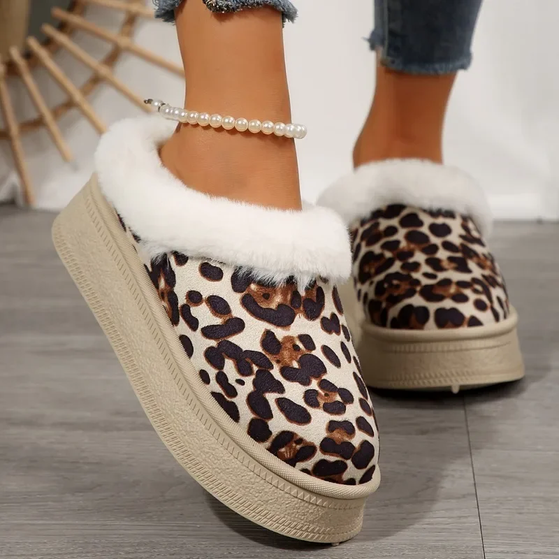 2024 Plus Size Shoes Female Closed Toe Women's Slippers Platform Warm Slippers Women Leopard Round Toe Flat with Shoes Women image 2