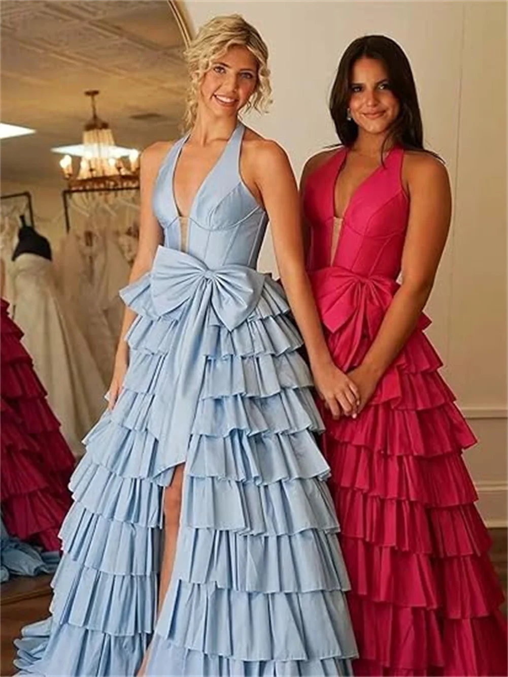 

Customized Satin Tiered Ruffle Long Prom Dress With Bow V Neck A Line Ball Gown Side Slit Sleeveless Corset Formal Evening Dress