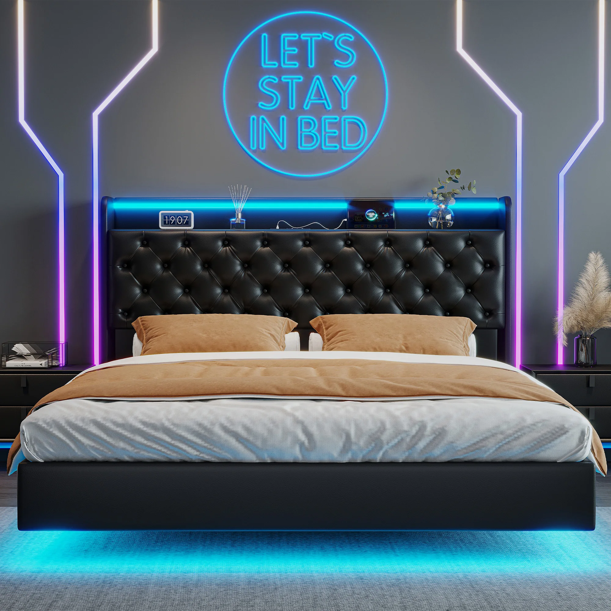 Roshanda lit Double suspendu 140-160*200 cm avec tête de lit de rangement USB LED, lit hydraulique, lit d'appartement pour jeunes, chambre d'amis, PU