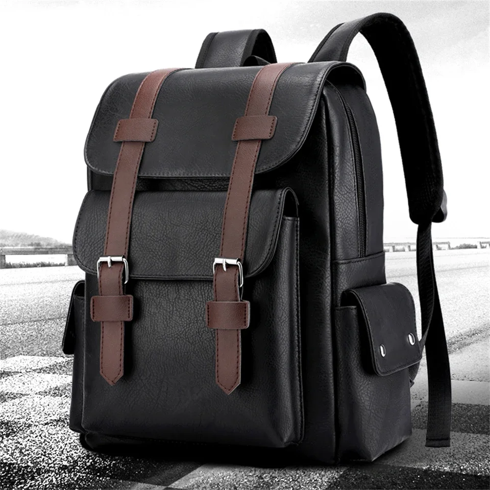 

Men Backpack PU Leather Bagpack Large Laptop Backpacks Male Mochilas Black Schoolbag For Teenagers Boys Brown Sac A Dos