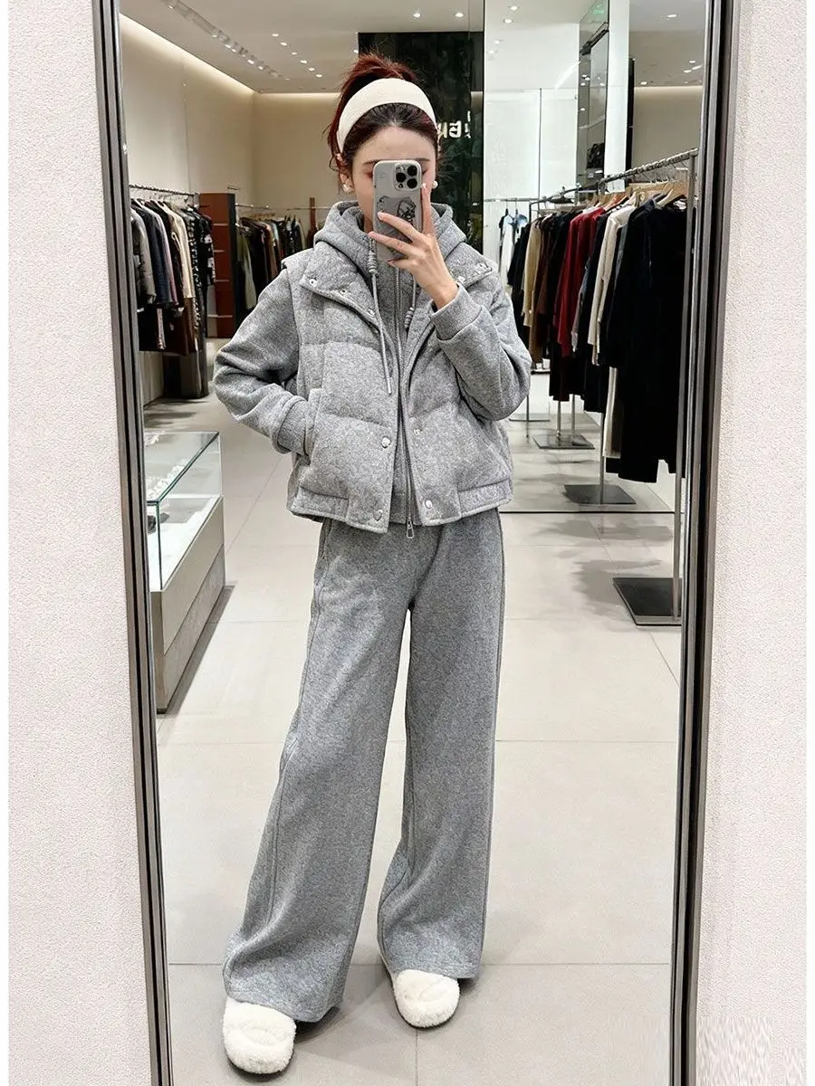 

Fashionable Fleece Lined Thickened Wide Leg Pants Set for Women Winter Sporty Style Hoodie Vest Three Piece Set High Waist Tr...