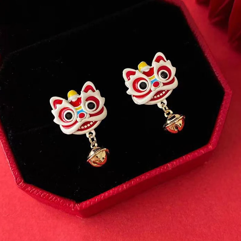 Chinese Style 2024 Red Little Lion Bell Pendant Earrings for Women The Year of The Dragon Gift New Year Festive Jewelry Gifts