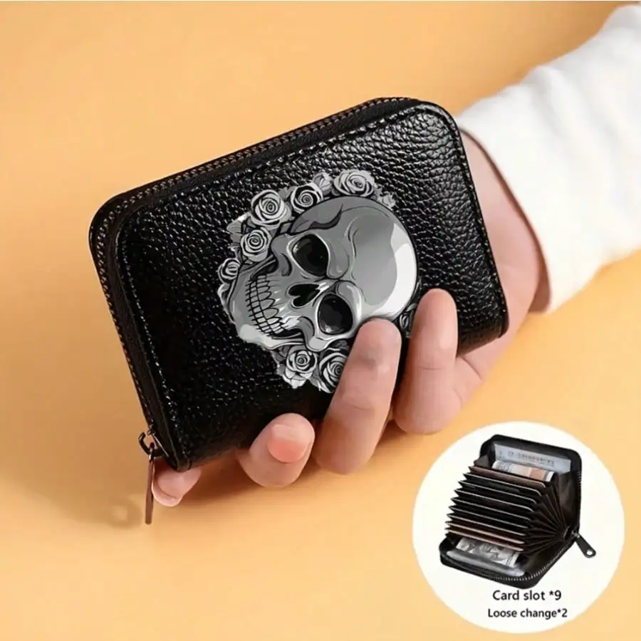 Gothic-Geldbörse mit Totenkopf-Blumendruck, multifunktionaler Kartenhalter, Münzgeldbörse mit Reißverschluss, einzigartiges Geschenk für Männer, Mini-Geldbörse, Kartenhalter – Detail 7