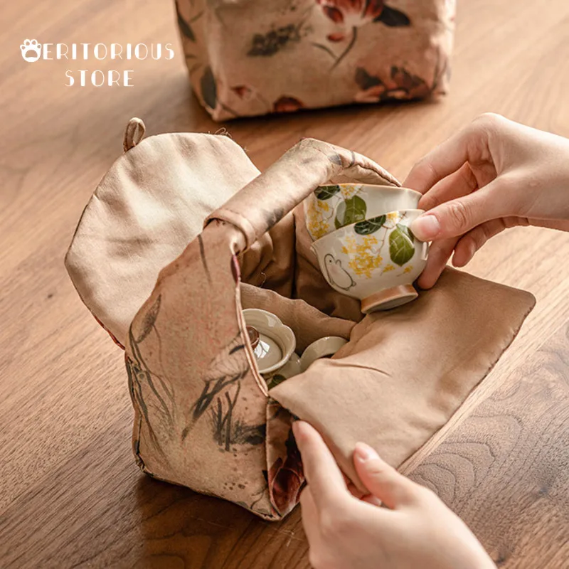 الحرير لوتس قافية الديباج الشاي حقيبة يد مريحة فنجان الشاي حقيبة التخييم في الهواء الطلق المحمولة حقيبة التخزين لوازم أكياس الصينية حفل الكؤوس #4