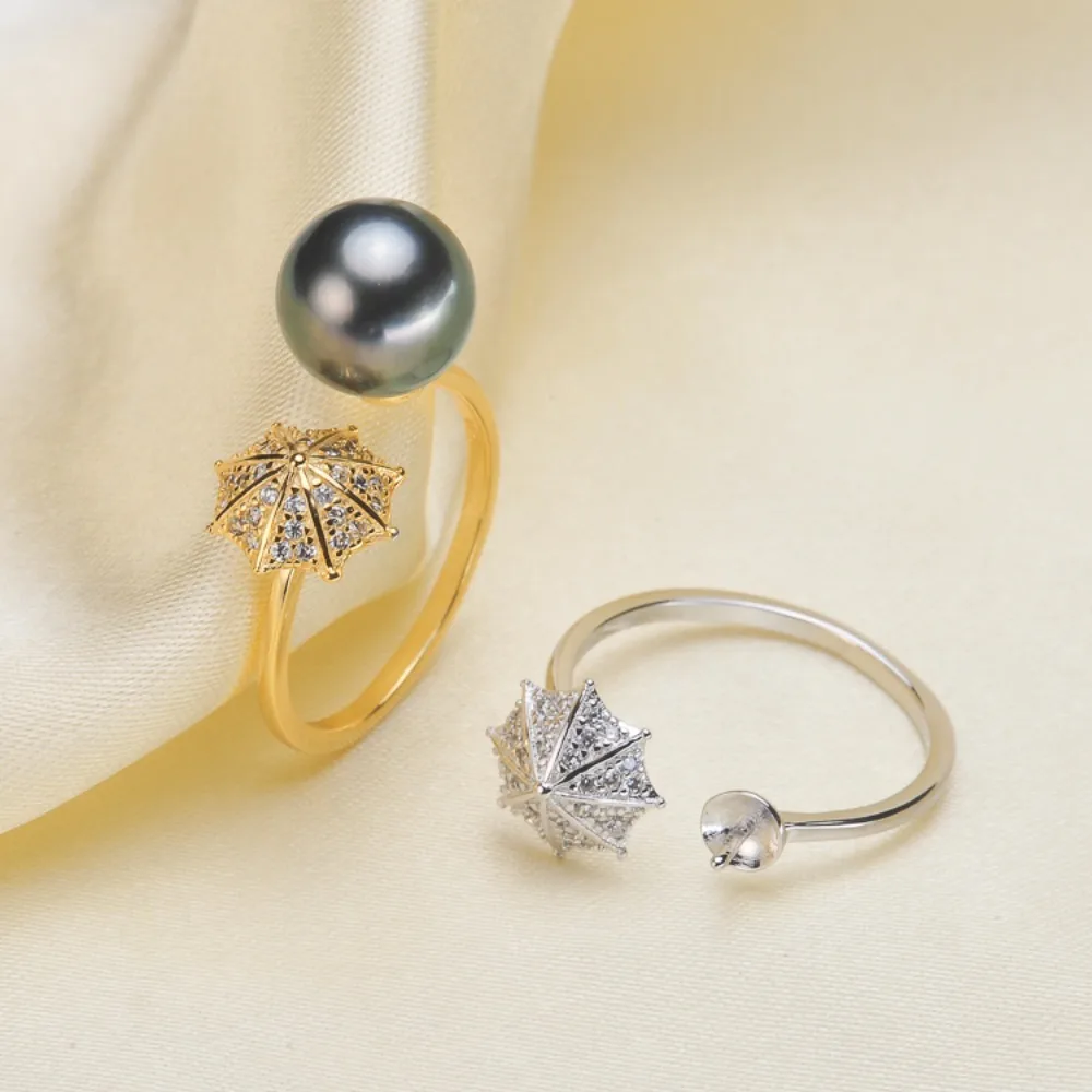 

3pcs DIY Pearl Accessories 925 Silver, Natural Pearl Ring Gorgeous Concealer Empty Holder, with 8-10mm Round Flat Beads