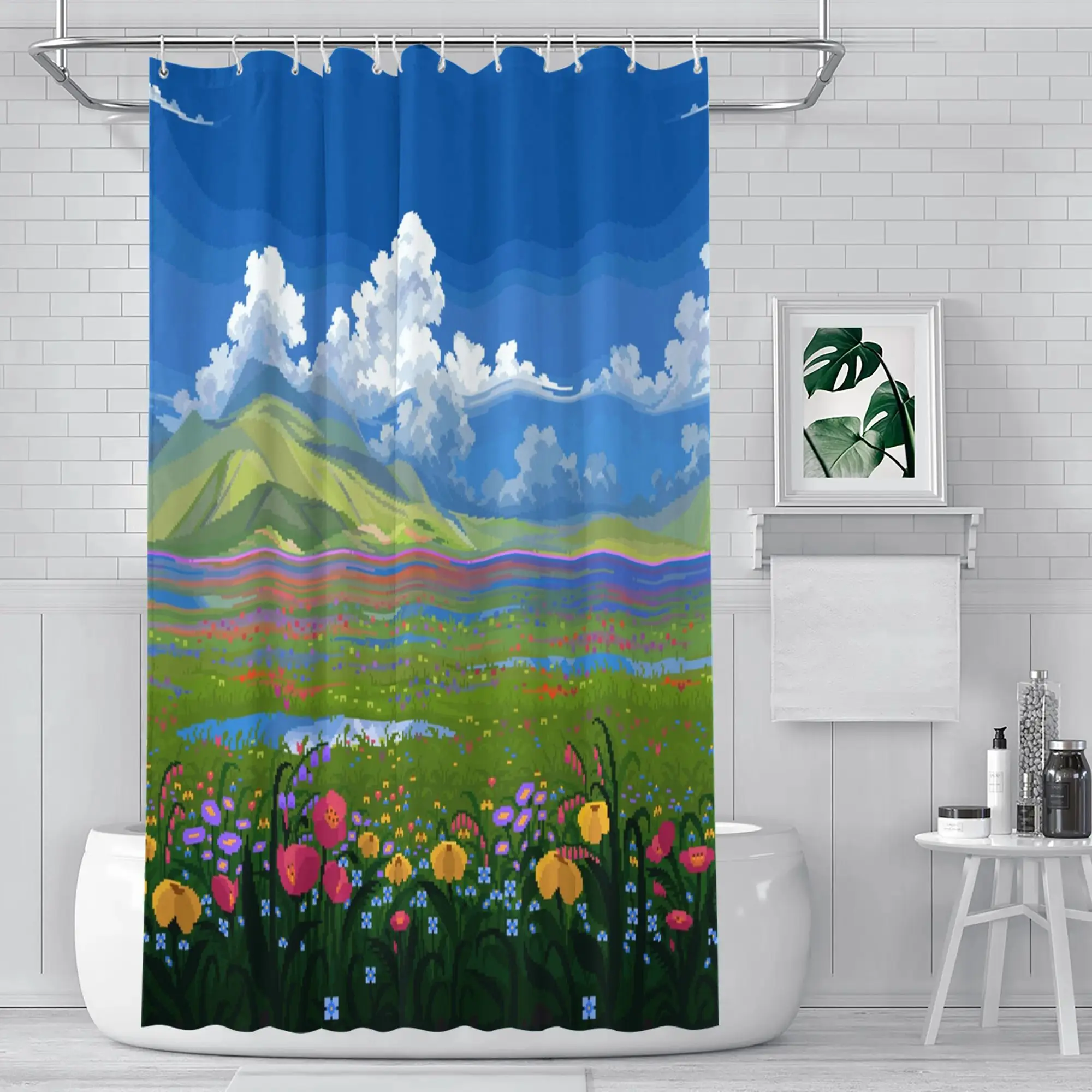 Pixel Art Landscape Shower Curtain Blue Sky Green Hills Wildflowers Retro Gaming Aesthetic Original Design