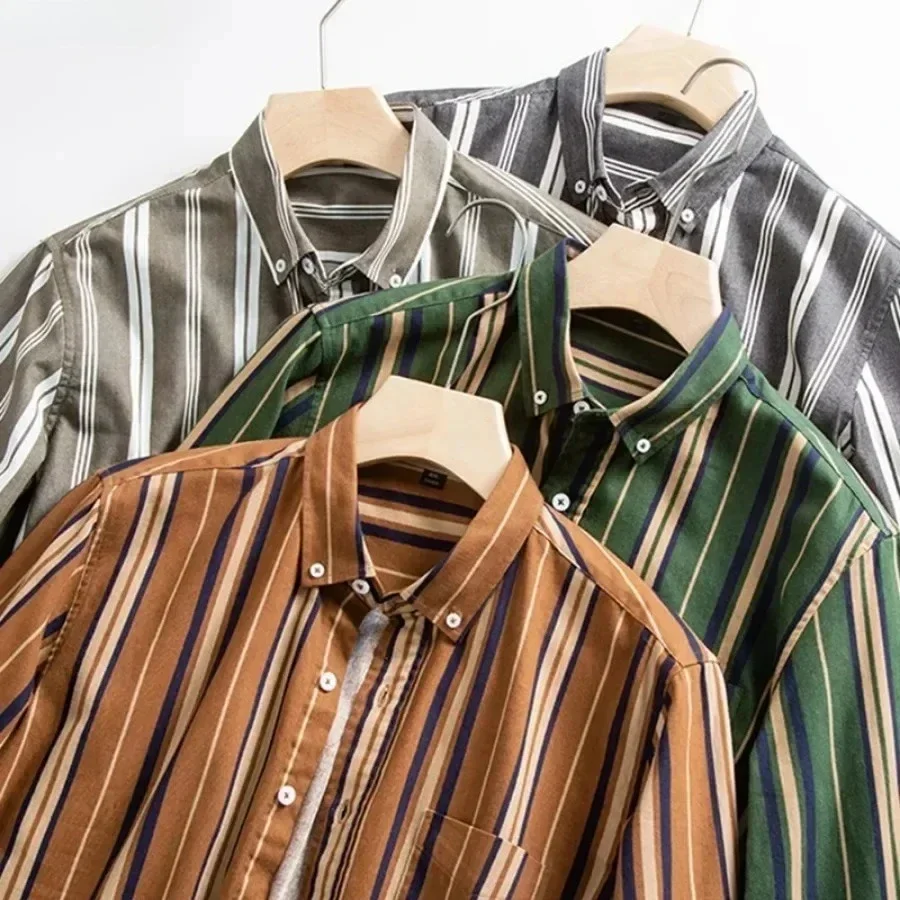 New Korean Style Men's Casual Long-sleeve Shirts Retro Trend 100% Cotton Striped Shirts Jacket Male Soft Breathable Tops for Men
