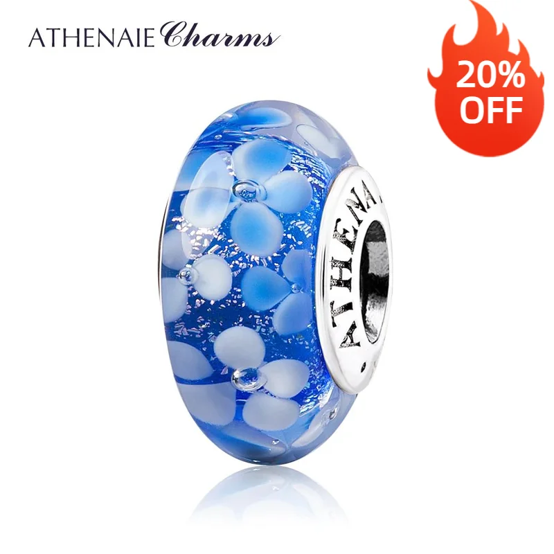 

ATHENAIE Blue Flower Charm 925 Silver Core Flower Garden Murano Glass Bead Fit DIY Women Charms Bracelet Necklace for Friendship