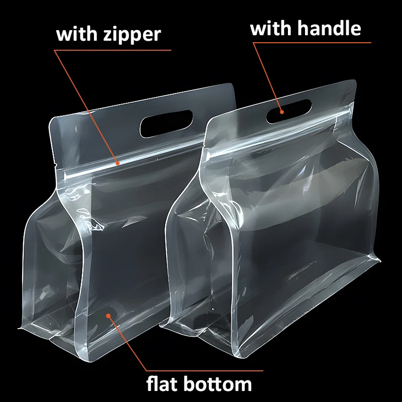 50pcs Factory Wholesale Zipper Top Self Sealing Clear Flat Bottom Pouch for Nuts Spice Plastic Food Packaging Bags with Handle