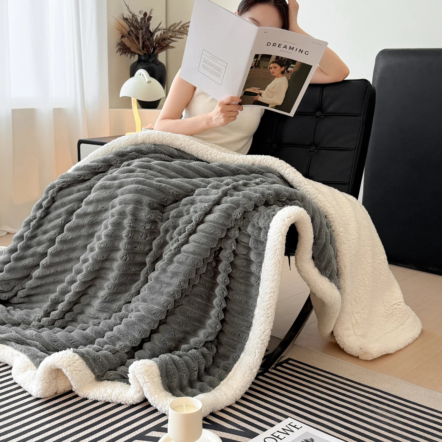 Thick Striped Faux Rabbit Plush Blanket Double Layer Sherpa Fleece Warm Autumn Winter Blanket for Bed Sofa Soft Throw Bedspread
