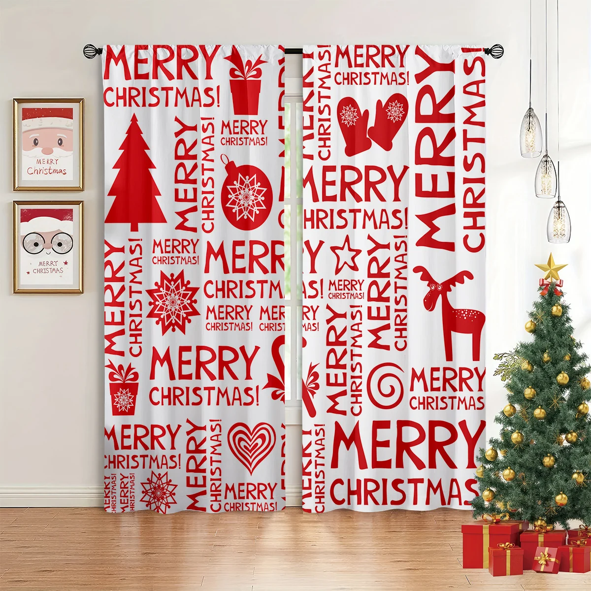 2pcs Curtains With Red Christmas Letter Print, 100% Polyester; Christmas Decor Curtains For Children's Rooms; New Year's Gift.